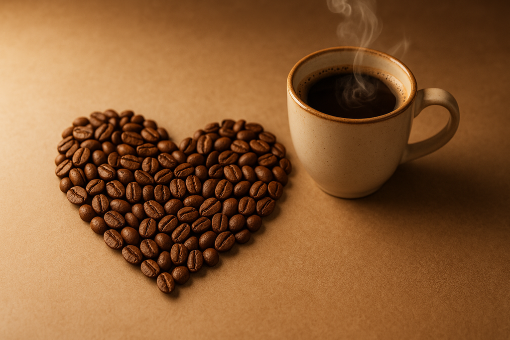 coffee beans forming a heart with a cup of coffee at the side