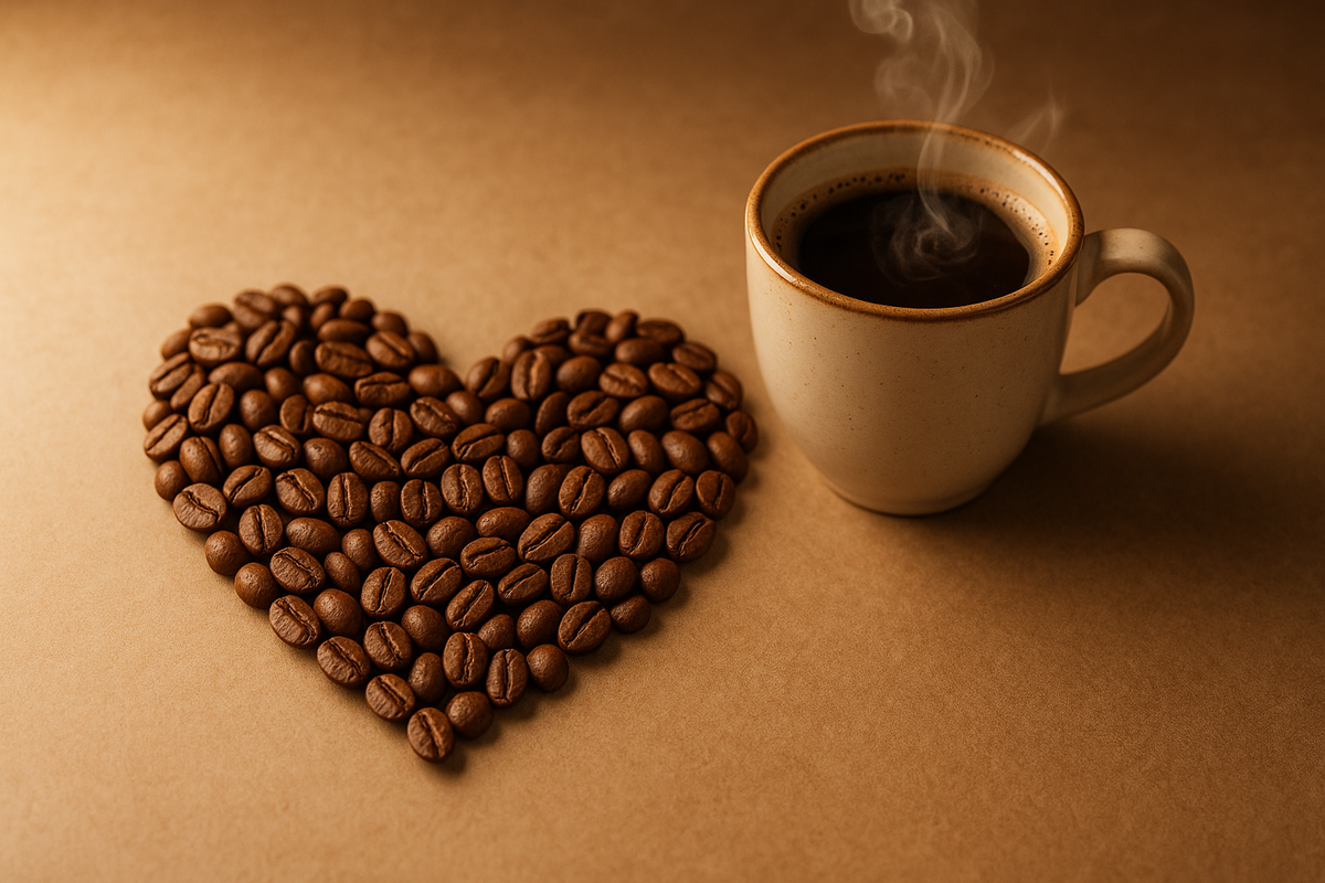 coffee beans forming a heart with a cup of coffee at the side