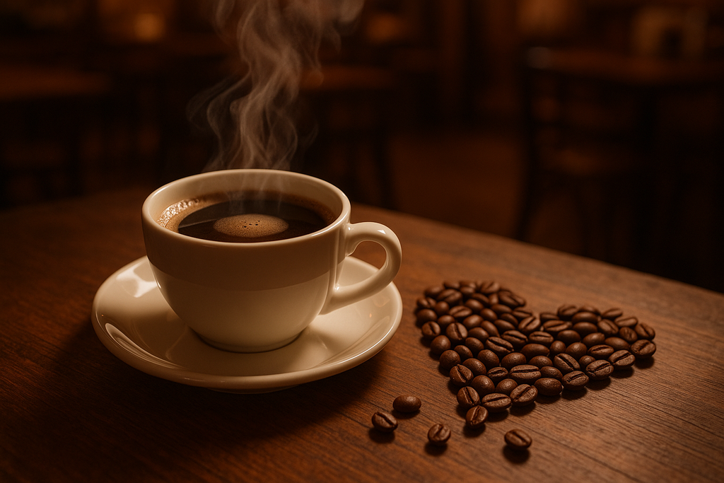 create a gif , a cup of coffee with steaming hot, with coffee beans on the side in the shape of a heart